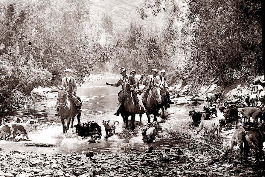 Monteros a caballo en riachuelo de Cabañeros.