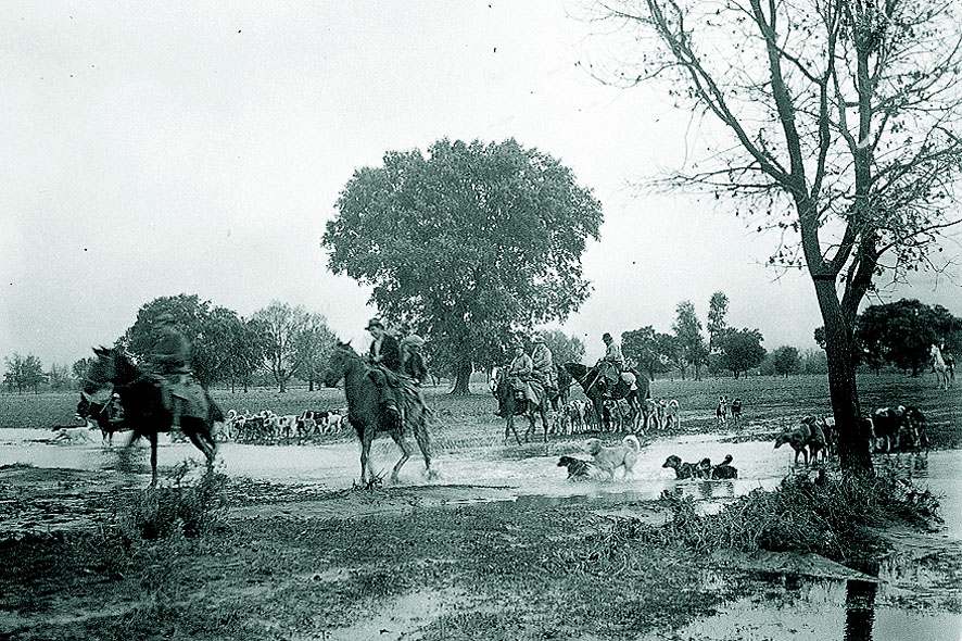 Monteros con rehalas en río de Cabañeros